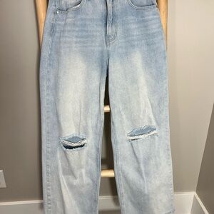 Organic Blue Jeans 11/30 Light Blue Denim wide leg distressed  ffrayed hem